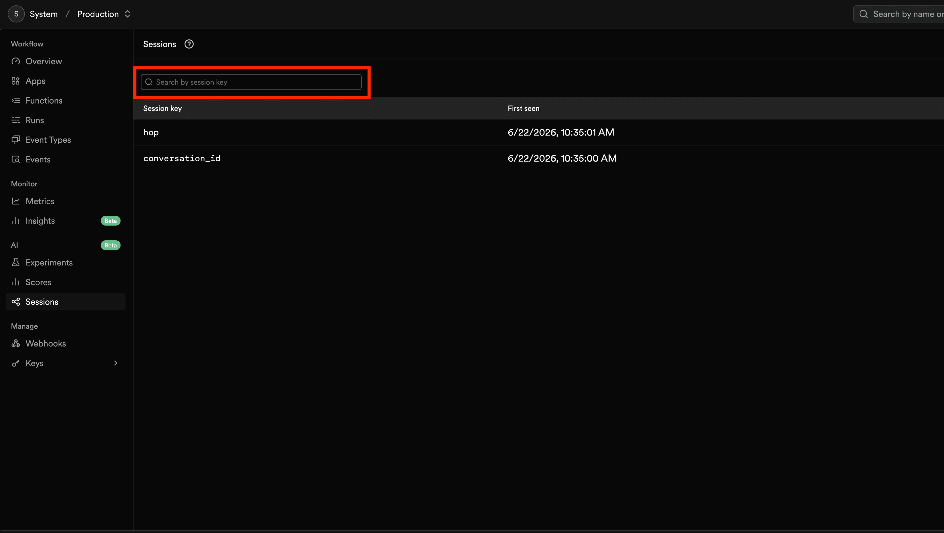 The Sessions search page filtered by a session key