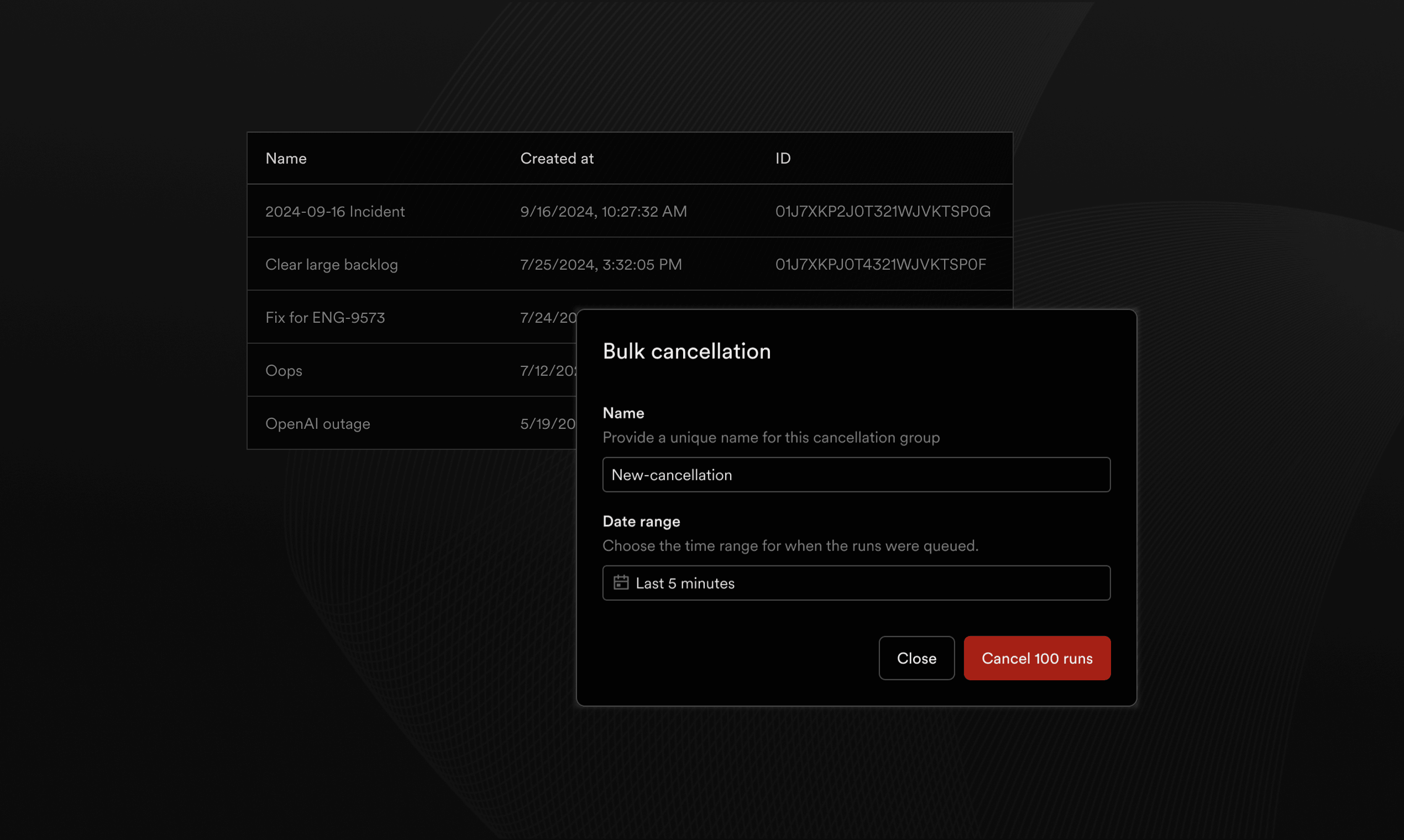 Bulk cancellation user interface