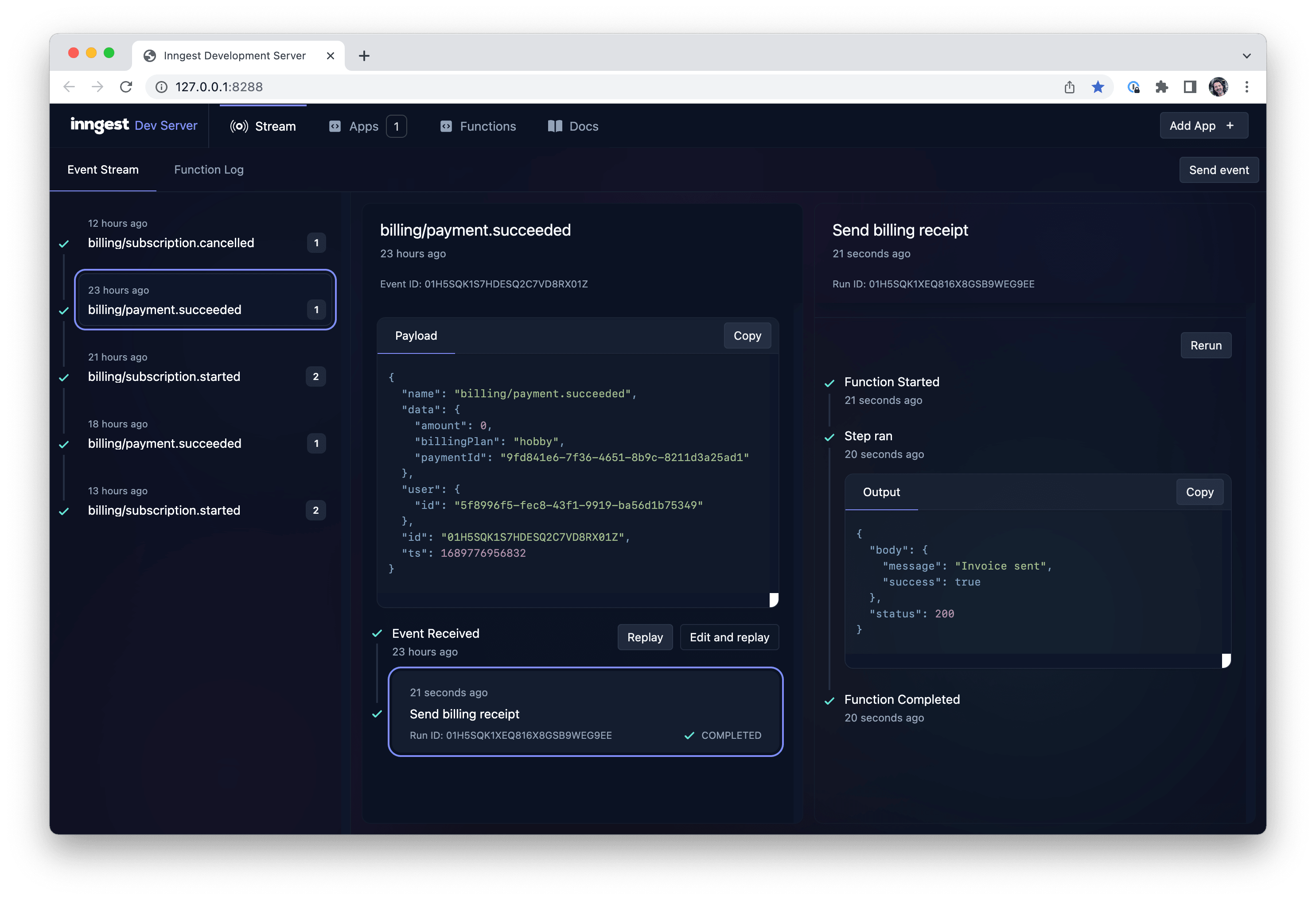 Screenshot of the Inngest Dev Server