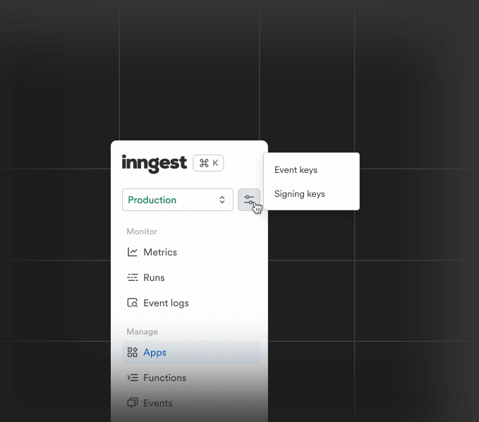 Preview of the final version of Inngest Cloud's sidenav design. The application selector is featured at the top while two groups, "Monitor" amd "Manage", help navigate to specific pages such as "Metrics" and "Runs".